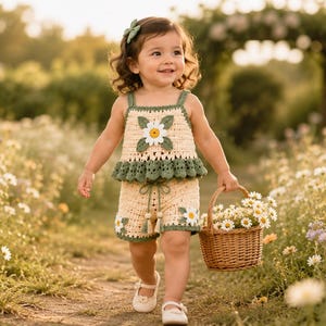 Peut inclure: Un ensemble crocheté couleur crème composé d'un haut et d'un short avec des bordures vertes et des appliqués de fleurs marguerites blanches. Le haut présente une encolure carrée et un ourlet festonné, le short possède un cordon de serrage.