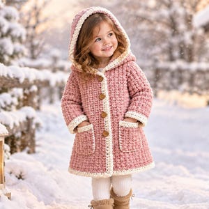 Può includere: Un cappotto all'uncinetto color rosa polvere con cappuccio, maniche lunghe e due tasche anteriori. Il cappotto è rifinito con filo color crema lungo i bordi e si chiude con tre bottoni rotondi in legno sul davanti, indossato sopra leggings bianchi.
