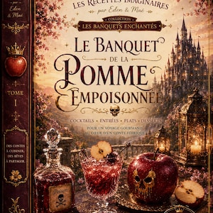 Peut inclure: Un livre de cuisine à couverture rigide intitulé Les Recettes Imaginaires : Le Banquet de la Pomme Empoisonnée, illustré d'un château, d'une pomme rouge sculptée en forme de crâne, d'un verre de boisson rouge et d'une carafe étiquetée Poison.