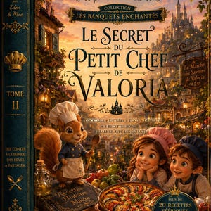 Peut inclure: Un livre relié intitulé Le Secret du Petit Chef de Valoria illustré avec un écureuil cuisinier, deux enfants et un plat de légumes. La couverture présente du texte, un château en arrière-plan et des détails dorés sur la tranche bleue.