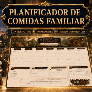 May include: A rectangular family meal planner chart with a dark ornate border and gold accents. The text reads PLANIFICADOR DE COMIDAS FAMILIAR, INTERACTIVO, IMPRIMIBLE, MENOS DESPERDICIO, and EL PLANIFICADOR DE BANQUETES. It includes sections for daily meals, a family tip, and tasks.