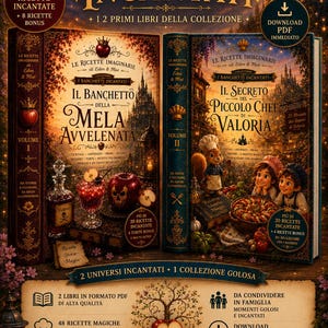 May include: Two fantasy-themed digital recipe books titled I Banchetti Incantati, Volume I featuring a poisoned apple theme and Volume II featuring a chef squirrel and children, with text detailing 48 recipes, bonus content, and PDF download availability.