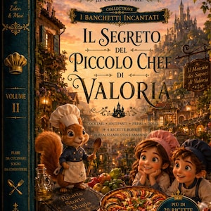 Peut inclure: Un livre relié intitulé Le Ricette Immaginarie di Eden & Mae, Volume II, I Banchetti Incantati, Il Segreto del Piccolo Chef di Valoria. La couverture montre un écureuil chef, deux enfants, un plat de légumes et un village fantastique.