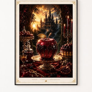 Peut inclure: Une impression d'art encadrée intitulée LE BANQUET DE LA POMME EMPOISONNÉE représentant une grande pomme rouge brillante sur un piédestal doré. La scène inclut un candélabre avec des bougies rouges, un château en arrière-plan et divers fruits.