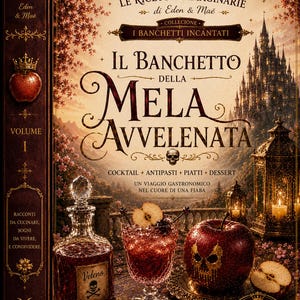 May include: A book cover titled Le Ricette Immaginarie di Eden & Maë, Il Banchetto della Mela Avvelenata. The cover features a red apple with a skull design, a crystal decanter labelled Veleno, a cocktail glass, and a dark castle background.