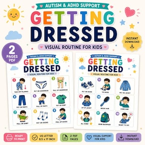 Può includere: Un grafico di routine visiva di due pagine intitolato GETTING DRESSED per il supporto all'autismo e all'ADHD. Le pagine presentano diciotto passaggi numerati con illustrazioni colorate di un bambino che esegue compiti di vestizione.