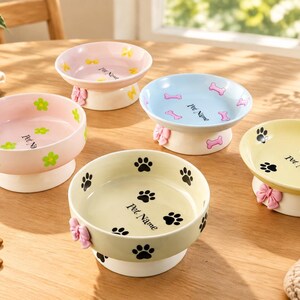 Personalized Ceramic Raised Cat Bowl Cute Bow Pedestal Base Neck‑Friendly Custom Pet Name Elevated Dish for Cats & Small Dogs Fur Baby Gift