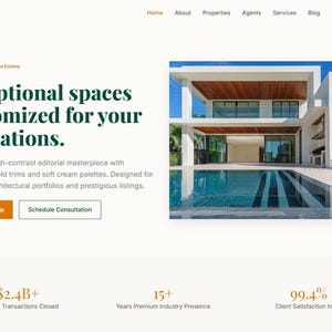 Könnte beinhalten: Eine Website-Startseite für Aetheria mit einer modernen weißen Villa mit Swimmingpool, dunkelgrünen Textüberschriften und orangefarbenen Schaltflächen. Die Seite zeigt Statistiken, darunter 2,4 Milliarden Dollar an Transaktionen und 99,4% Kundenzufriedenheit.