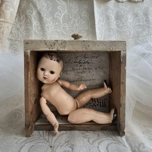 Vintage Doll Assemblage in Antique Wooden Drawer | Found Object Mixed Media Art