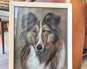 Oeuvre d'art vintage originale, style rétro des années 1970, croquis de chien colley dans un cadre en bois, décoration murale kitsch, craie et fusain, art secret au dos