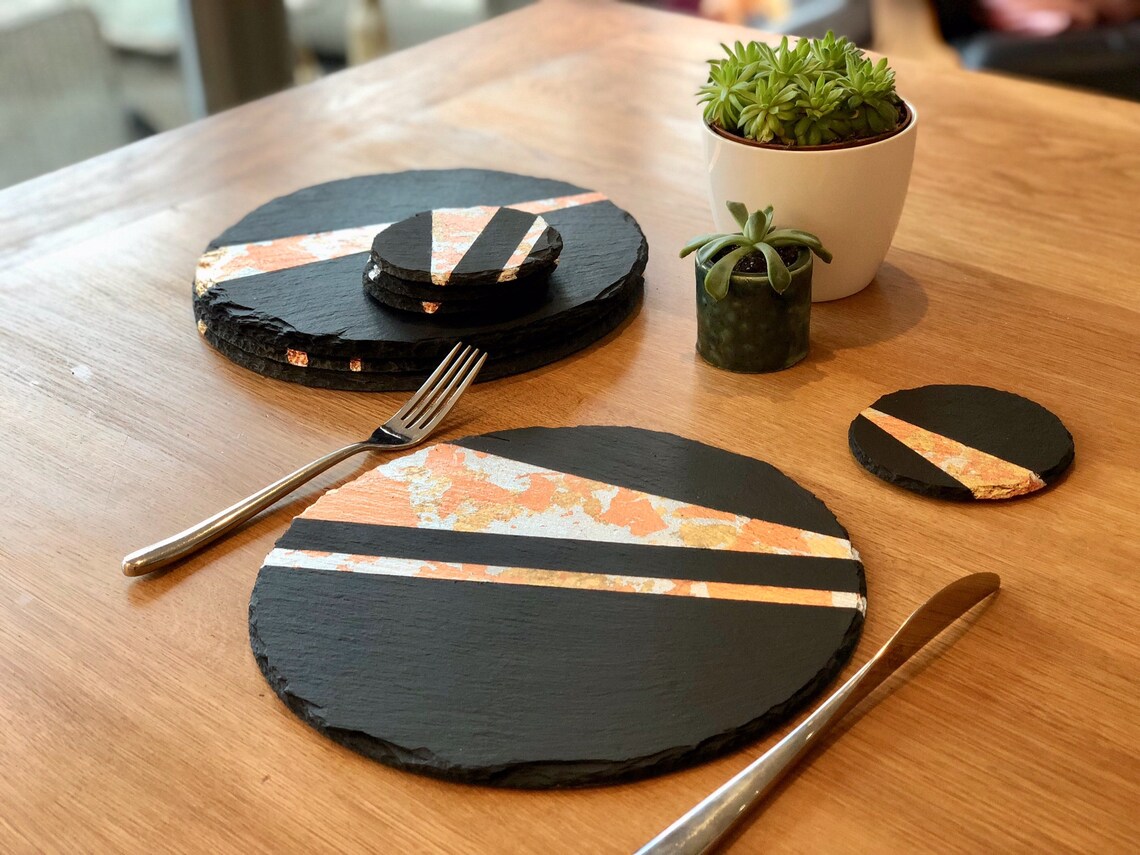 Round slate placemats geometric dinnerware slate coasters Etsy