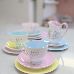 Vintage harlequin tea set, 1960s vintage Queen Anne 'Glade' fine bone china England, 13 piece stunning set! Pastel tea set, very pretty!