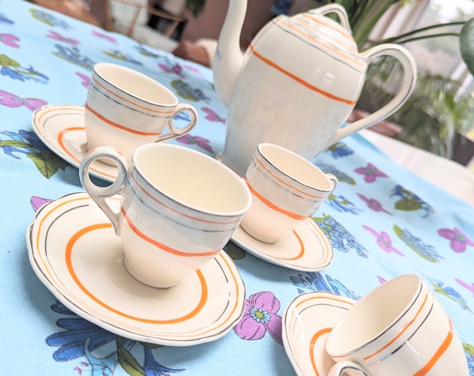 Vintage Grindley tea set, Creampetal 9 piece set, 1936-1954, Art deco tea set, English vintage tea set, teapot, cups & saucers