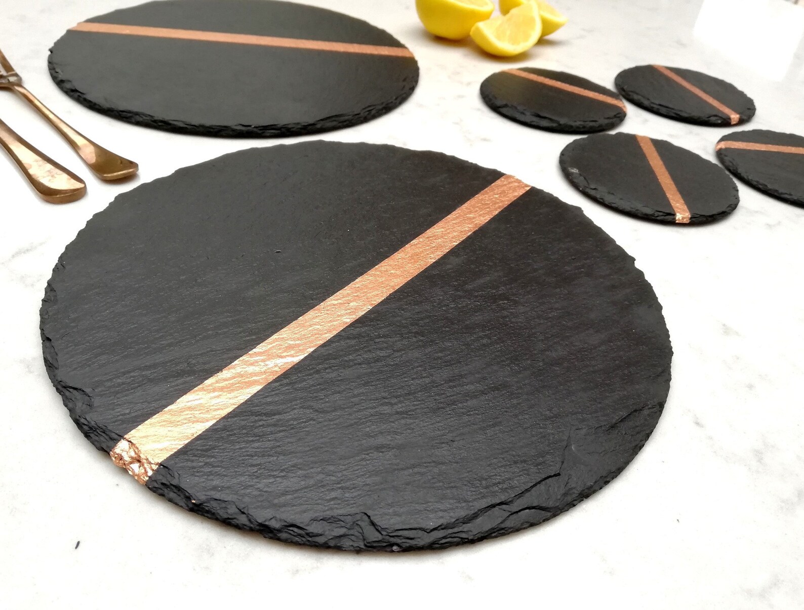 Round placemat and coaster set slate and copper stripe Etsy