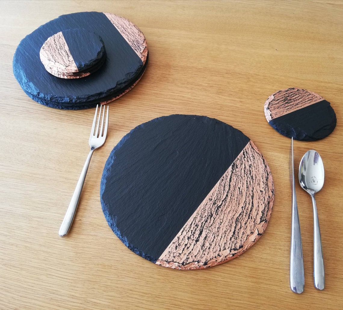 Round slate placemats coasters handmade UK geometric decor Etsy