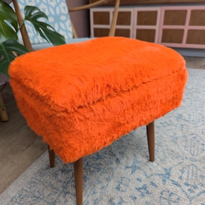Vintage 1960s sewing box / ottoman / storage box with wooden dansette style legs, original furry fabric! retro home decor, rare find!