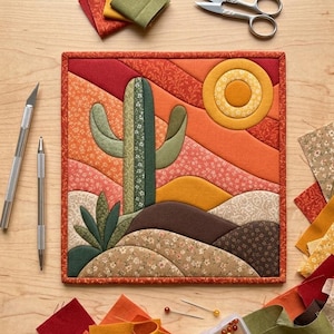 May include: A square fabric quilt wall hanging featuring a desert landscape with a central saguaro cactus, rolling hills, and a circular sun in shades of red, orange, yellow, and green, surrounded by fabric scraps, scissors, and sewing tools.