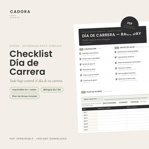 Puede incluir: Un documento digital de lista de control y plan de ritmo para fitness híbrido Hyrox. El PDF imprimible incluye secciones para equipamiento, tareas antes de la carrera y una tabla de tiempos objetivo. Texto: 'CADORA STUDIO', 'RACE DAY'.