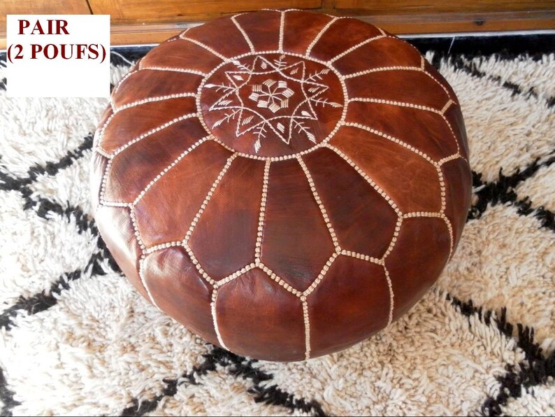 Couple of 2 Leather Poufs natural brown tan