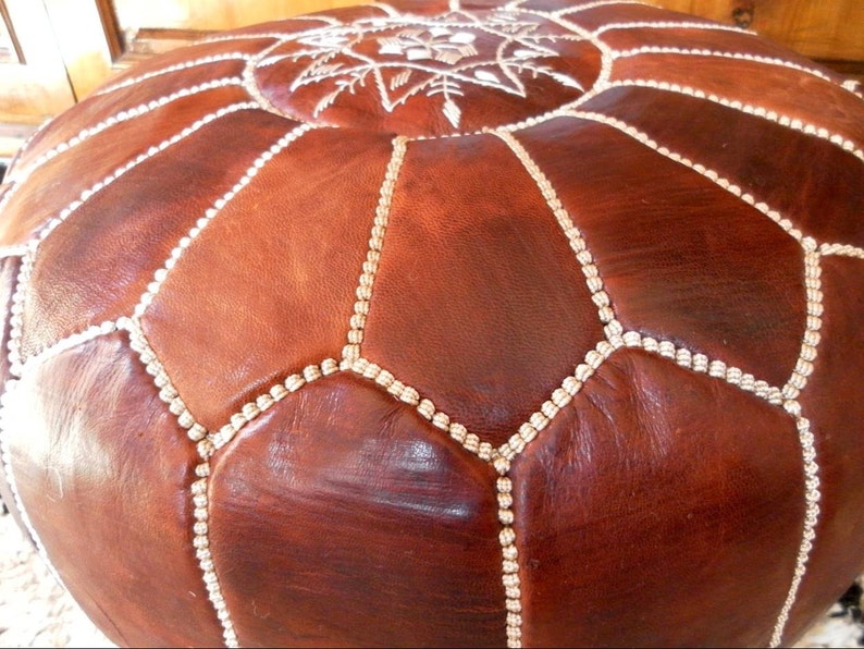 Couple of 2 Leather Poufs natural brown tan
