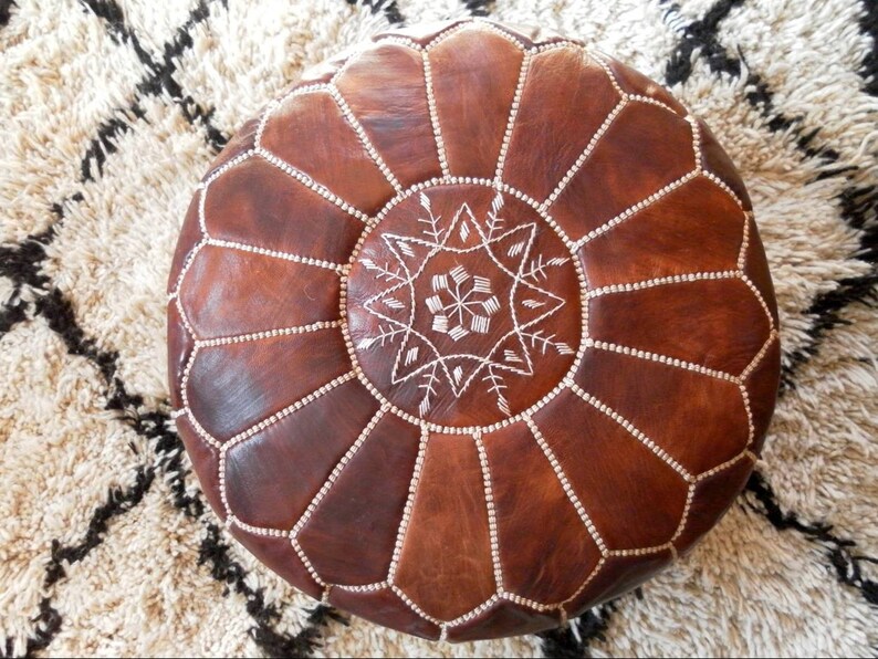 Couple of 2 Leather Poufs natural brown tan