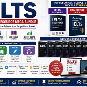Op de afbeelding: Een IELTS complete resource mega bundle met studiegidsen, Cambridge oefenboeken 5 tot 14 en digitaal leermateriaal. De weergave bevat tekst, iconen en een laptopscherm met een IELTS oefentoets interface.