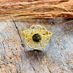 Black Onyx Ring Women | Boho Floral Rosette Band | 18K Gold Plated Brass Jewelry | Anniversary For Her | Mandala Cocktail Solitaire Ring