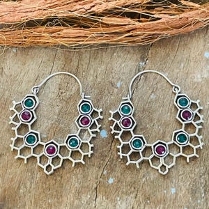 Honeycomb Hoop Earrings | Ruby Onyx Geometric Drops | Silver Plated Brass Jewelry | Boho Tribal Accessories | Festival Hoops For Women