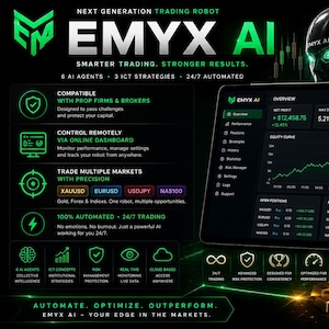 May include: A digital marketing graphic for EMYX AI trading software featuring a dark interface with green accents. It displays a tablet and smartphone showing trading dashboards, gold bars, and text detailing automated features, risk management, and market compatibility.