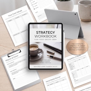 Cyfrowy zeszyt ćwiczeń strategii biznesowej, planer wyznaczania celów, szablon planu działania dla małej firmy, organizer życia przedsiębiorcy, dobre notatki w formacie PDF
