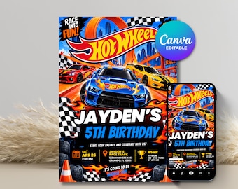Invito di compleanno Hot Wheels su Canva, invito per festa a tema auto da corsa, invito di compleanno per bambini modificabile, stampabile