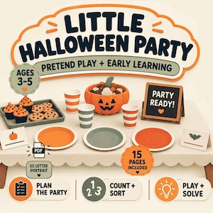 Peut inclure: Un ensemble de jeu de rôle et d'apprentissage Little Halloween Party comprenant une table avec des assiettes et gobelets orange et gris, un bol citrouille, un plateau de cupcakes et biscuits, et un tableau noir PARTY READY. 15 pages PDF incluses.