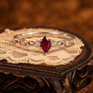 925 Sterling Silver Marquise Ruby Ring, Vintage Red Gemstone Ring, Elegant Silver Promise Ring, Dainty Anniversary Gift for Her