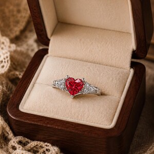 May include: A silver-toned ring featuring a prominent heart-shaped red gemstone at the center, flanked by small clear stones set into the band. The ring is displayed inside a dark brown wooden box with a cream-colored velvet interior lining.