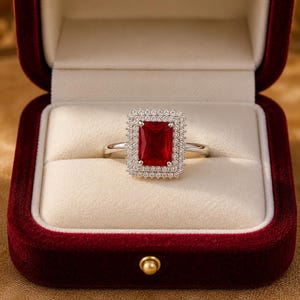 May include: A silver-toned ring featuring a rectangular, deep red center stone surrounded by a double halo of small, clear, sparkling stones. The ring is presented inside a deep red, velvet-lined jewelry box with a cream-colored interior.