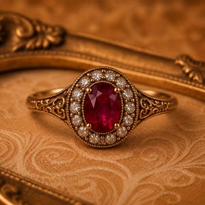 Puede incluir: Un anillo de oro con un rubí rojo intenso de talla ovalada en el centro, rodeado por un halo de pequeños diamantes blancos redondos. La banda de metal presenta intrincados patrones de filigrana en los lados de la montura central.