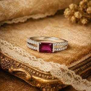 925 Sterling Silver Emerald Cut Ruby Ring | Minimalist Solitaire Promise Ring