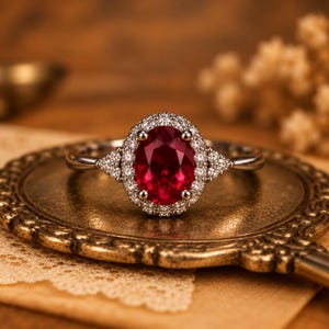 Peut inclure: Une bague argentée ornée d'une grande pierre précieuse rouge foncé de taille ovale au centre, entourée d'un halo de petites pierres claires de taille ronde. L'anneau comporte des pierres claires supplémentaires de chaque côté.