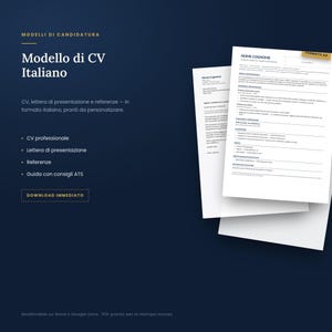 May include: A digital product display featuring a dark blue background with white text including 'Modello di CV Italiano' and a list of document types. Three white A4 resume templates are layered on the right side, showing text fields and sections.