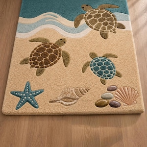 Hand Tufted Sea Turtle Beach Rug, Coastal Ocean Nursery Wool Carpet, Starfish Shell Decor