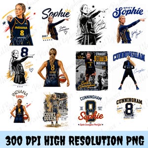 Pode incluir: Uma coleção de designs gráficos digitais apresentando a jogadora de basquete Sophie Cunningham em camisas do Indiana Fever com o número 8. Os designs incluem vários elementos de texto como Sophie, Spicy Sophie, Cunningham, Court Queen e Indiana Fever.