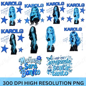 May include: A digital collection of blue-toned graphic designs featuring the text KAROLG, Mañana Será Bonito, and No me arrepiento de sentir tanto. The images include illustrations of a person with long blue hair, blue stars, and butterflies.