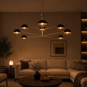 1950's Modern Brass Linear Chandelier | 8 Light Black Dome Ceiling Light | Mid Century Kitchen Island Pendant