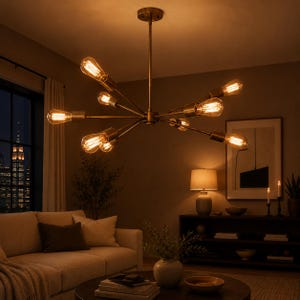 1950's Brass Sputnik Chandelier | Industrial Steampunk Ceiling Light | Vintage Loft Dining Room Fixture | Statement Lamp