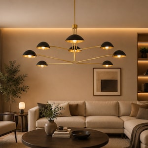 Modern Brass Linear Chandelier, 8-Light Mid Century Modern Pendant Light, Black Dome Kitchen Island Lighting, Luxury Dining Room Ceiling