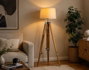 Vloerlamp van natuurlijk hout met statief, moderne staande lamp voor de woonkamer, Scandinavische vloerlamp, minimalistische houten lamp, slaapkamer in mid-century stijl,