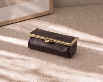 Handmade Synthetic Leather Eyeglasses Case, Coffee Kiss Lock Glasses Pouch