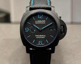 Reloj Panerai Luminor Marina automático vintage de 44 mm, correa de cuero negro, caja incluida.
