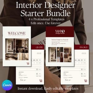 May include: An Interior Designer Starter Bundle featuring four professional templates with dark red and cream colour schemes. Documents include a Welcome to Our Studio guide, a Quote, an Interior Design Fee Proposal, and an Invoice with editable text fields.