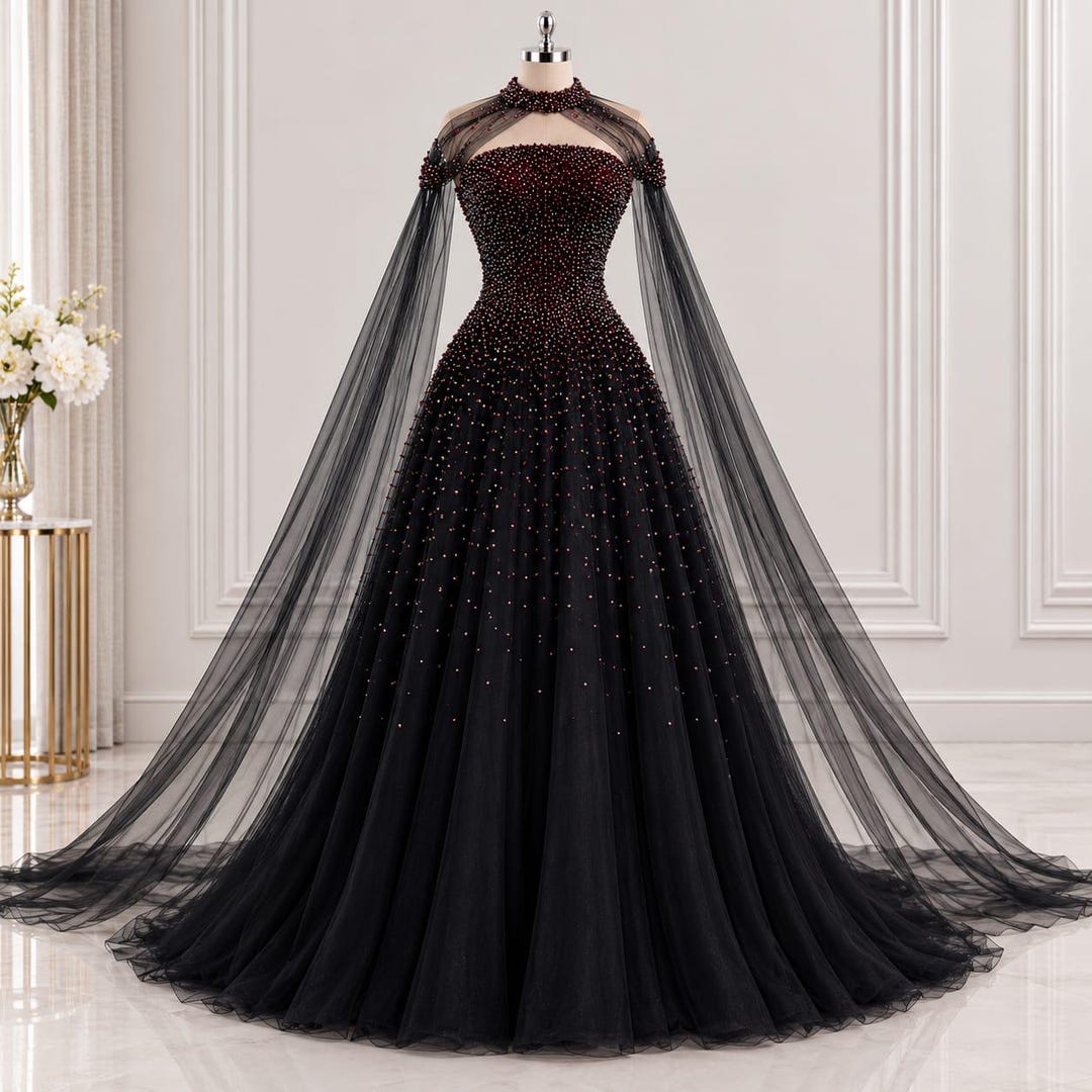 Black Gothic Bridal Gown With Cathedral Veil, Alternative Dark Wedding Black Gothic Bridal Gown With Cathedral Veil, Alternative Dark Wedding